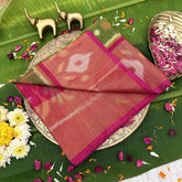 Vriksham Handwoven Pochampally Olive Green & Terracotta With Floral Burst Motifs Ikkat Silk-Cotton Saree-VS4735